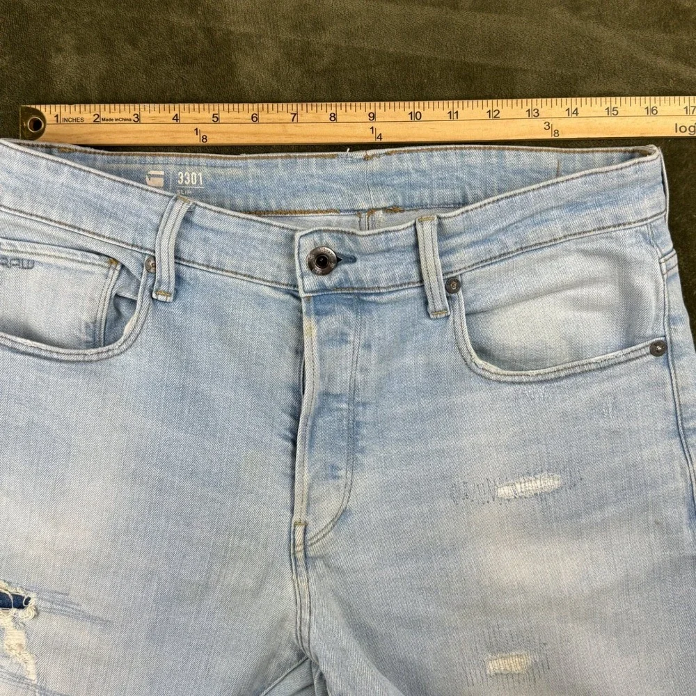 G-Star RAW 3301 Slim Light Wash Distressed Ripped Repaired Jeans Mens 33x28.5
